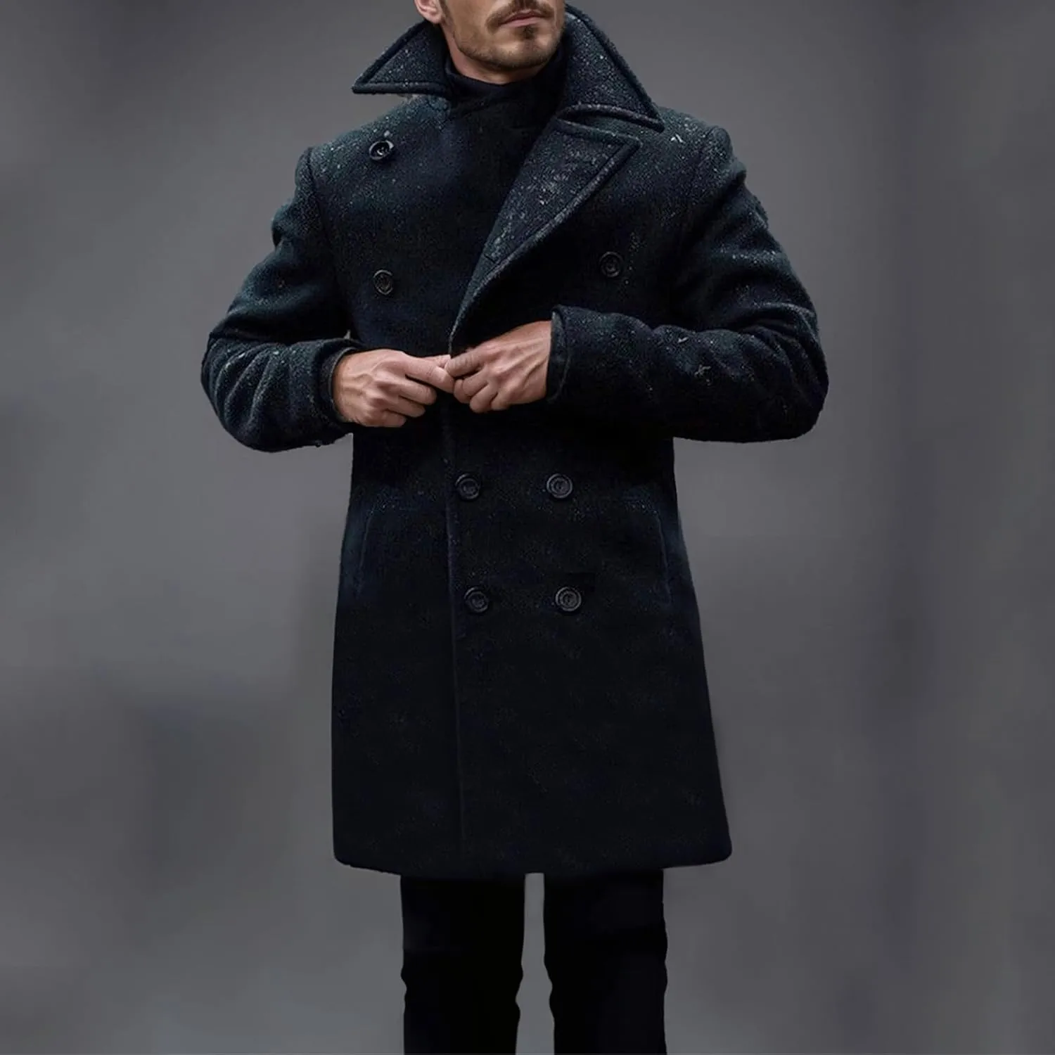 Dgoopd Men's Double Breasted Trench Coat Wool Blend Long Coat Notch Lapel Jacket Casual Pea Coat Windproof Jacket