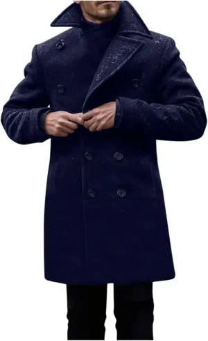 Dgoopd Men's Double Breasted Trench Coat Wool Blend Long Coat Notch Lapel Jacket Casual Pea Coat Windproof Jacket