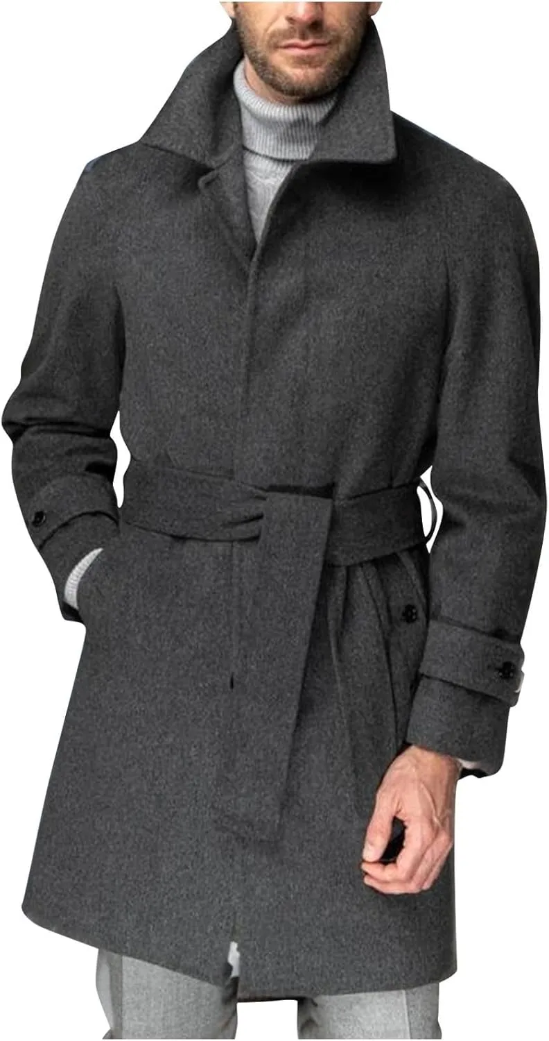 Dgoopd Mens Pea Coat with Belt Single Breasted Trench Coat Wool Blend Long Coat Stand Collar Overcoat Casual Dress Coat