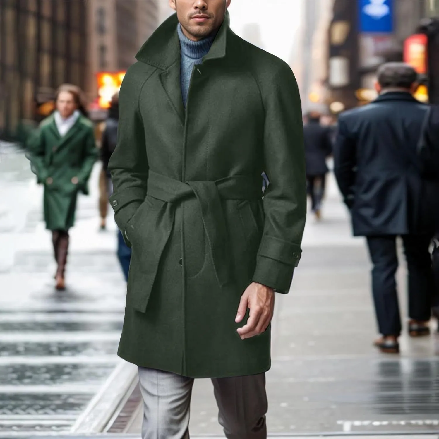 Dgoopd Mens Pea Coat with Belt Single Breasted Trench Coat Wool Blend Long Coat Stand Collar Overcoat Casual Dress Coat