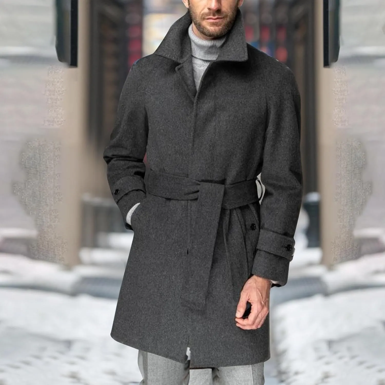 Dgoopd Mens Pea Coat with Belt Single Breasted Trench Coat Wool Blend Long Coat Stand Collar Overcoat Casual Dress Coat