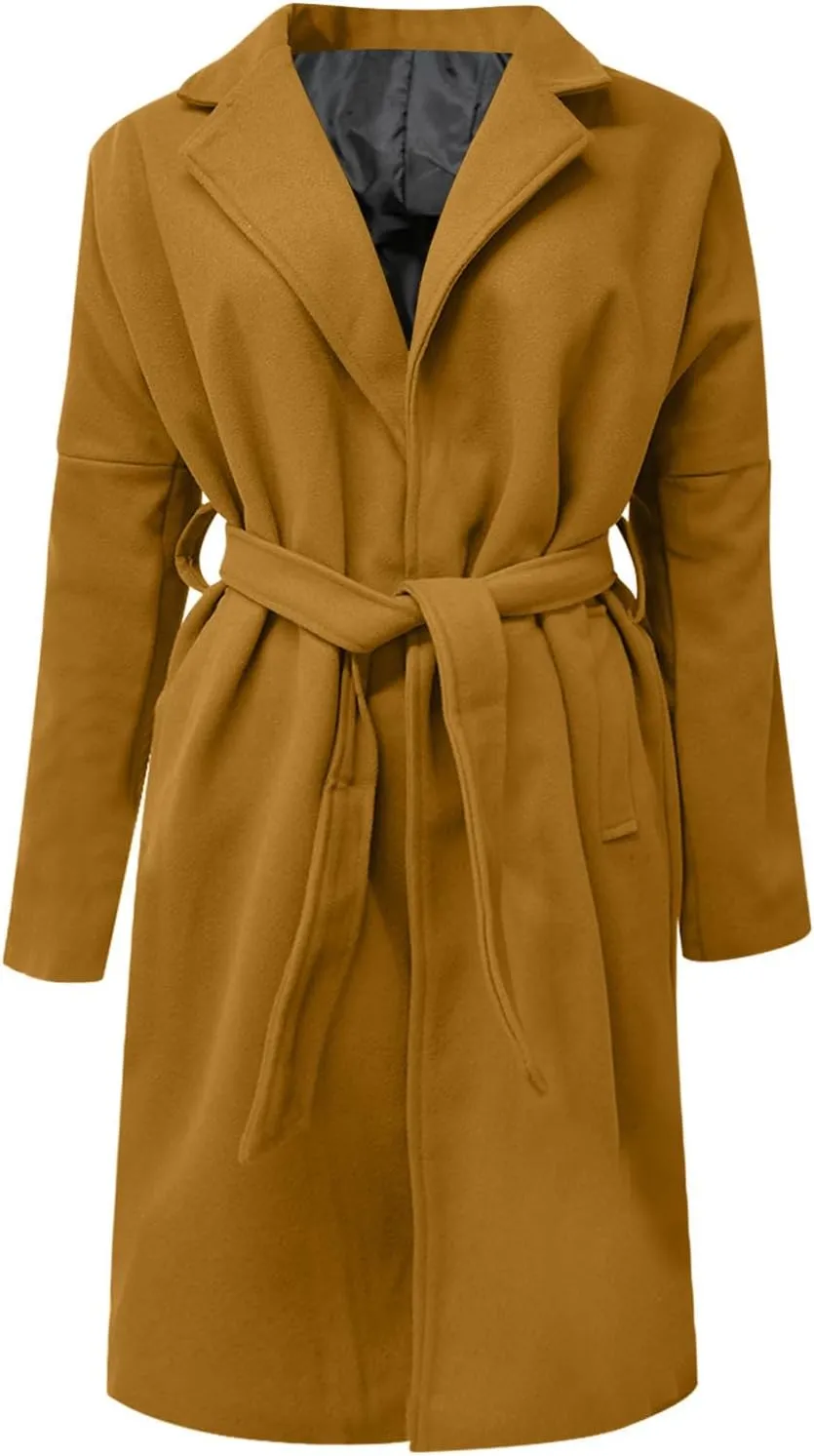 Dgoopd Men's Peacoat Long Belted Wool Blend Coat Big and Tall Trench Coat Notch Lapel Overcoat Casual Winter Coats
