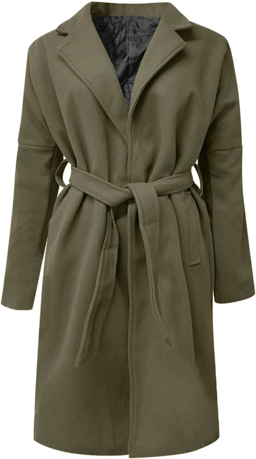 Dgoopd Men's Peacoat Long Belted Wool Blend Coat Big and Tall Trench Coat Notch Lapel Overcoat Casual Winter Coats