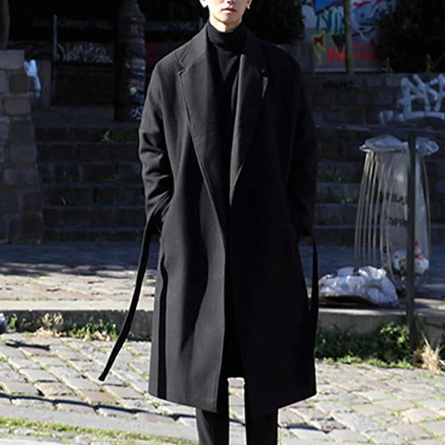 Dgoopd Men's Peacoat Long Belted Wool Blend Coat Big and Tall Trench Coat Notch Lapel Overcoat Casual Winter Coats