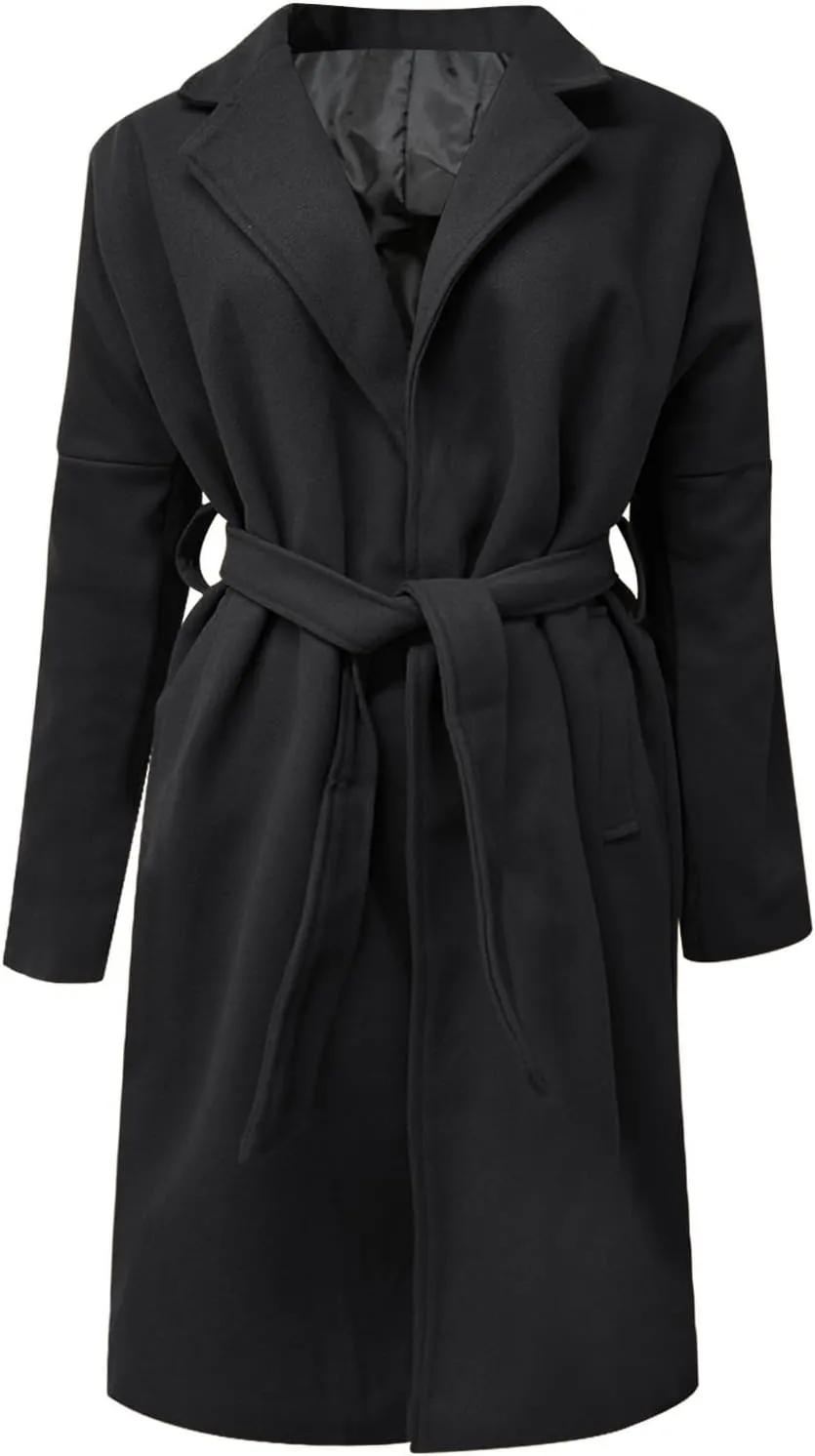 Dgoopd Men's Peacoat Long Belted Wool Blend Coat Big and Tall Trench Coat Notch Lapel Overcoat Casual Winter Coats