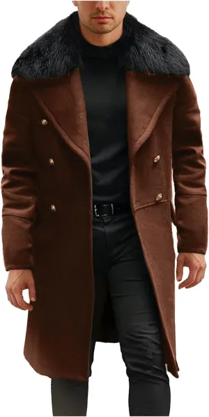 Dgoopd Mens Trench Coat Faux Fur Lapel Jacket Double Breasted Long Coat Open Front Cardigan Casual Peacoat Warm Winter Coat