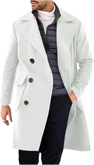 Dgoopd Mens Trench Coat Wool Blend Coat Mid Length Coats Double Breasted Coat Notch Lapel Jacket Casual Pea Coat with Pockets