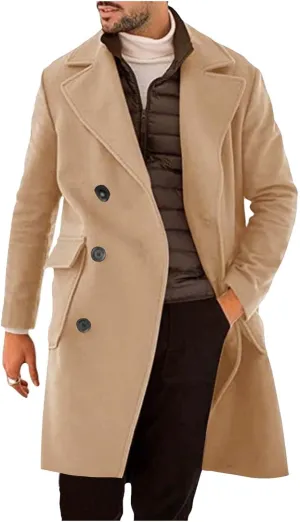 Dgoopd Mens Trench Coat Wool Blend Coat Mid Length Coats Double Breasted Coat Notch Lapel Jacket Casual Pea Coat with Pockets