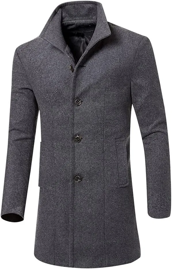 Dgoopd Mens Trench Coat Wool Blend Long Coat Vintage Pea Coat Stand Collar Jacket Button Down Jacket Casual Winter Coat
