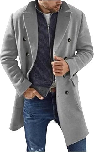 Dgoopd Men's Wool Blend Trench Coat Double Breasted Coat Notch Lapel Jacket Open Front Cardigan Mid Length Pea Coat