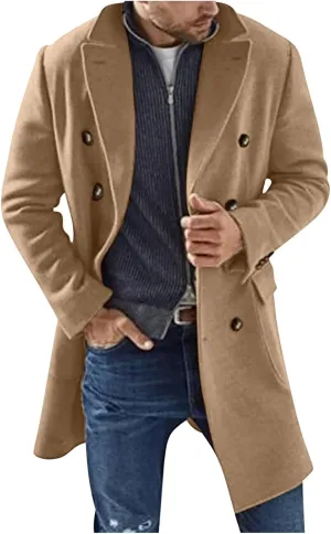 Dgoopd Men's Wool Blend Trench Coat Double Breasted Coat Notch Lapel Jacket Open Front Cardigan Mid Length Pea Coat