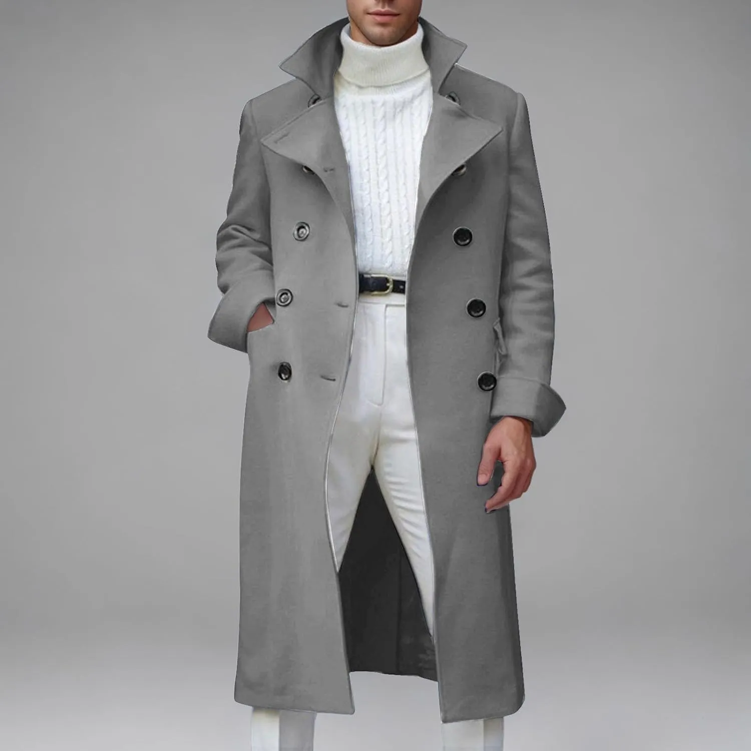 Dgoopd Trench Coat Men Stand Collar Wool Coat Double Breasted Pea Coat Notch Lapel Overcoat Long Winter Coat Casual Jacket