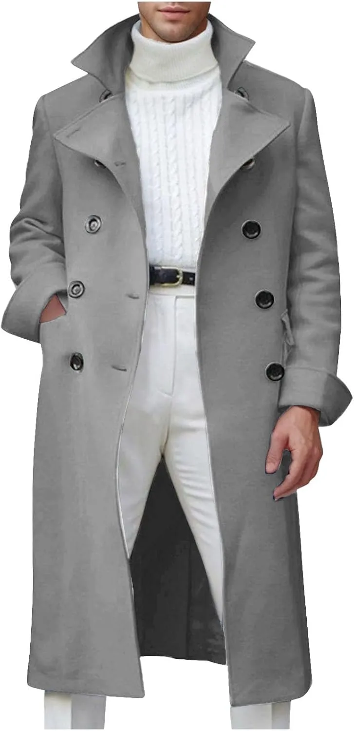 Dgoopd Trench Coat Men Stand Collar Wool Coat Double Breasted Pea Coat Notch Lapel Overcoat Long Winter Coat Casual Jacket