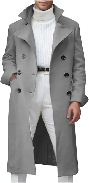 Dgoopd Trench Coat Men Stand Collar Wool Coat Double Breasted Pea Coat Notch Lapel Overcoat Long Winter Coat Casual Jacket