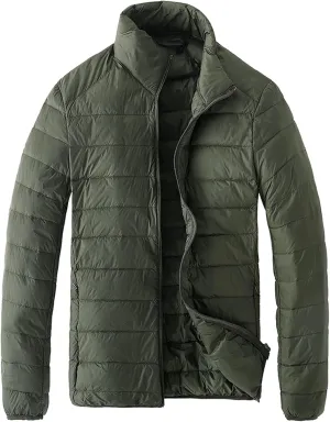 Down Jacket Men No Hood Light Packable Long Sleeve Zip Puffer Jacket Winter Warm Padded Bubble Outwear Coat
