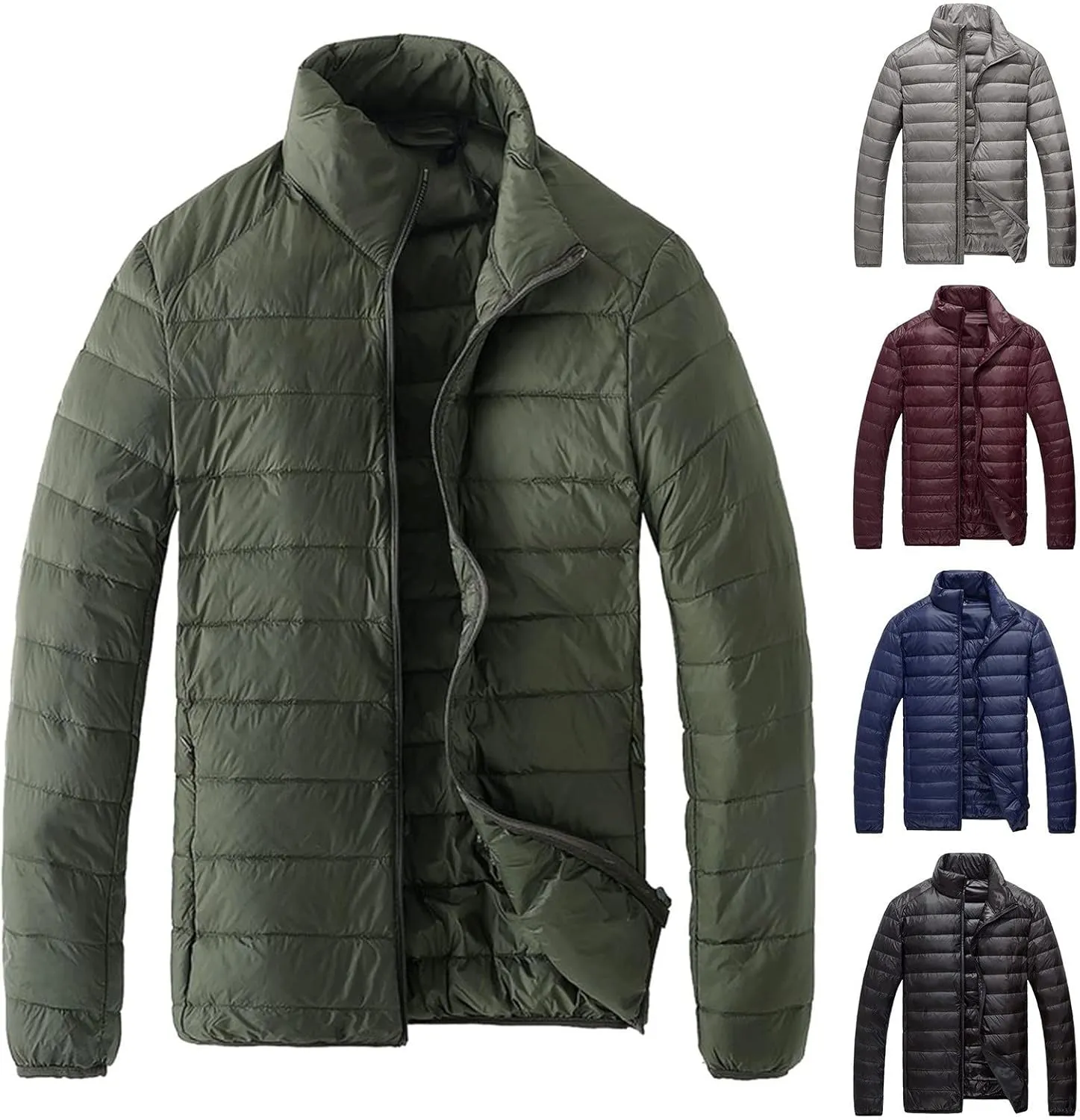 Down Jacket Men No Hood Light Packable Long Sleeve Zip Puffer Jacket Winter Warm Padded Bubble Outwear Coat