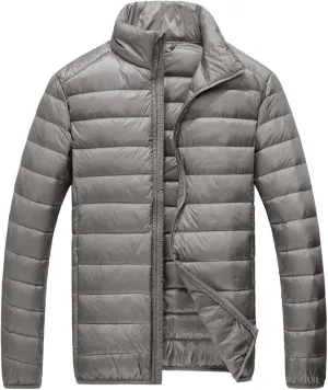 Down Jacket Men No Hood Light Packable Long Sleeve Zip Puffer Jacket Winter Warm Padded Bubble Outwear Coat