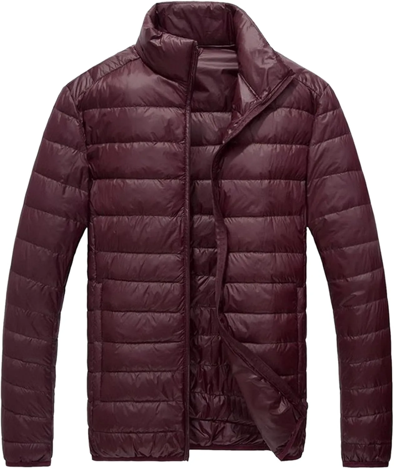Down Jacket Men No Hood Light Packable Long Sleeve Zip Puffer Jacket Winter Warm Padded Bubble Outwear Coat