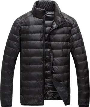 Down Jacket Men No Hood Light Packable Long Sleeve Zip Puffer Jacket Winter Warm Padded Bubble Outwear Coat
