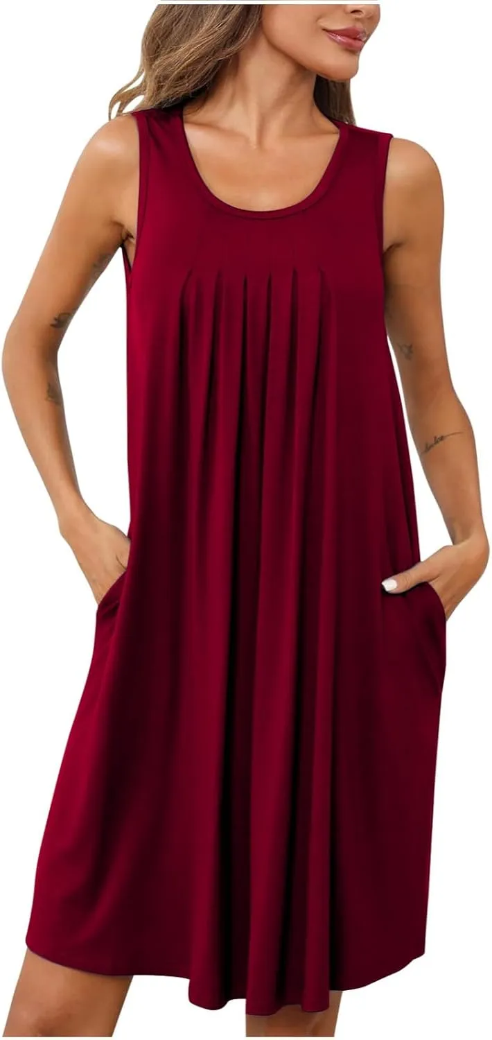 Dresses for Women Pleated Crew Neck Sleeveless Beach Mini Dress 2025 Trendy Vacation Summer Comfy Dresses with Pocket