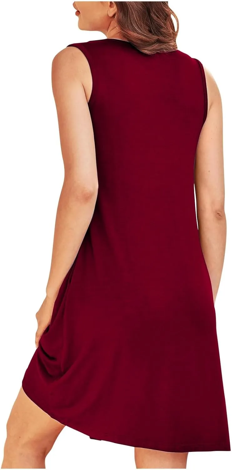 Dresses for Women Pleated Crew Neck Sleeveless Beach Mini Dress 2025 Trendy Vacation Summer Comfy Dresses with Pocket