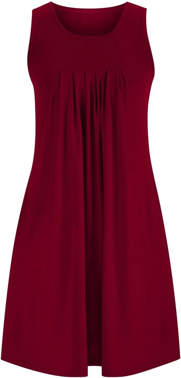 Dresses for Women Pleated Crew Neck Sleeveless Beach Mini Dress 2025 Trendy Vacation Summer Comfy Dresses with Pocket