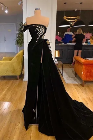 Elegant Strapless Split Front A-line Prom Dress With Beading