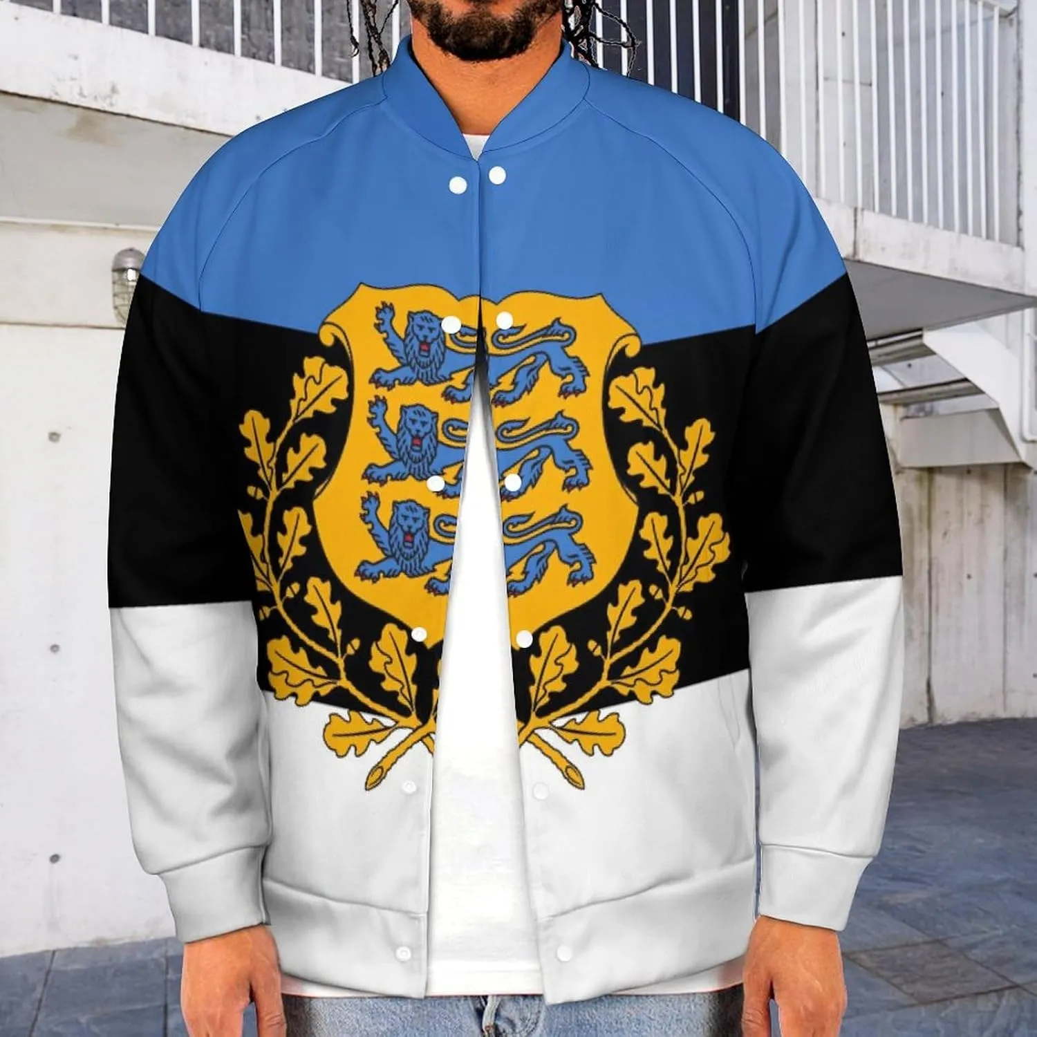 Estonian Coat of Arms Flag Lightweight Men's Baseball Jackets Relaxed Fit Varsity Bomber Jacket Windbreaker Coat