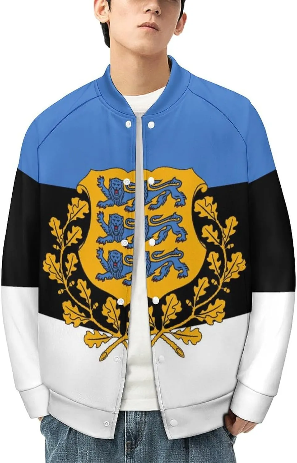 Estonian Coat of Arms Flag Lightweight Men's Baseball Jackets Relaxed Fit Varsity Bomber Jacket Windbreaker Coat