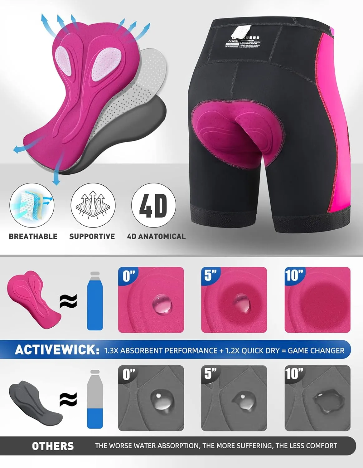 Ewedoos Padded Bike Shorts Women 4D Padding Cycling Shorts with Pocket Road Mountain Ride Womens Biking Bicycle Biker Shorts