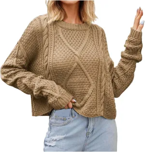 Fall Sweaters for Women 2024 Chunky Knit Crewneck Solid Color Long Sleeve Casual Loose Fit Soft Pullover Tops