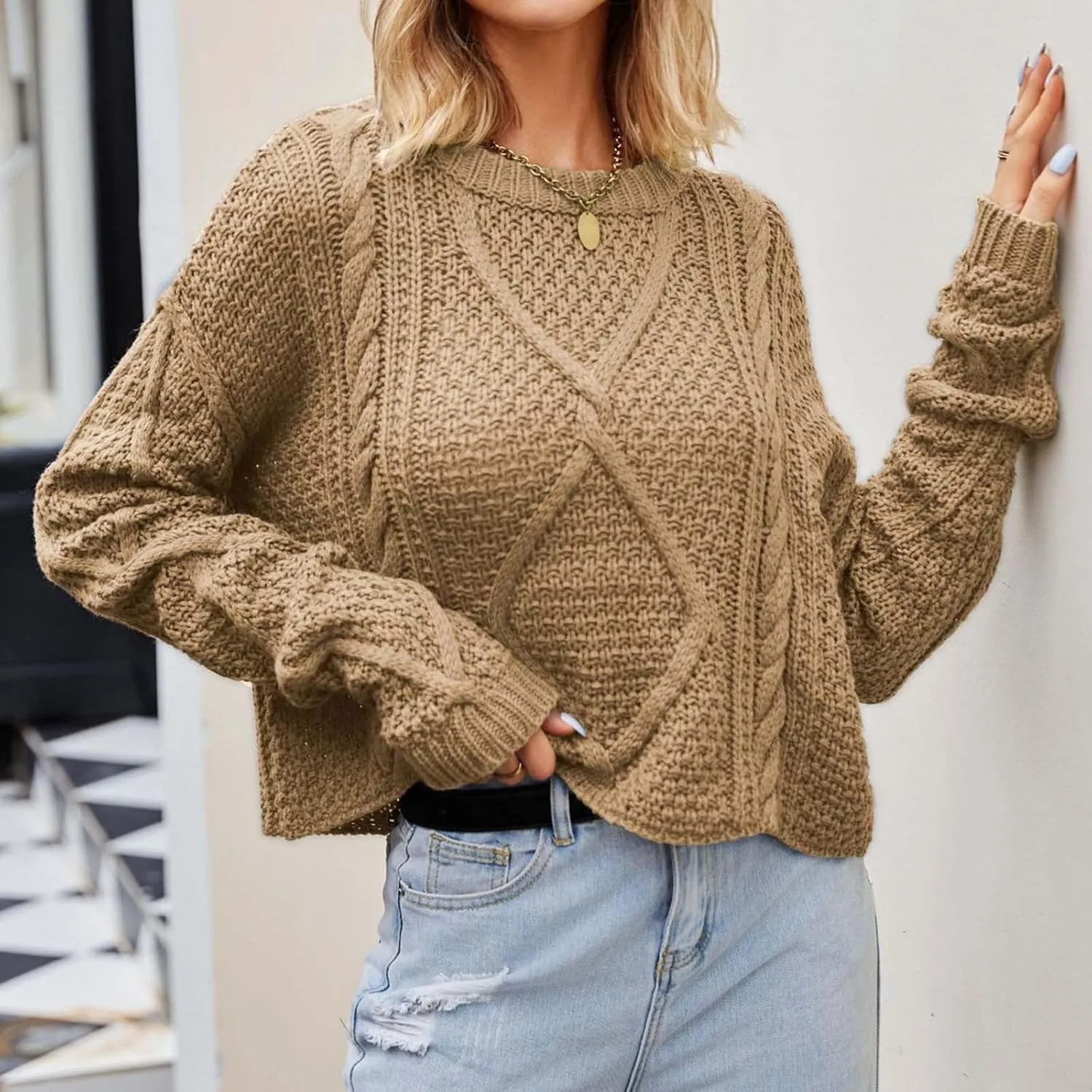 Fall Sweaters for Women 2024 Chunky Knit Crewneck Solid Color Long Sleeve Casual Loose Fit Soft Pullover Tops
