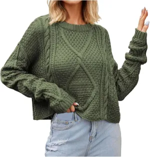 Fall Sweaters for Women 2024 Chunky Knit Crewneck Solid Color Long Sleeve Casual Loose Fit Soft Pullover Tops