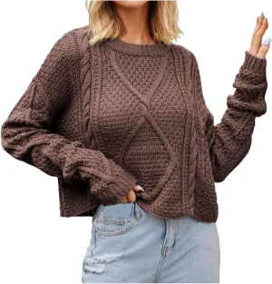 Fall Sweaters for Women 2024 Chunky Knit Crewneck Solid Color Long Sleeve Casual Loose Fit Soft Pullover Tops