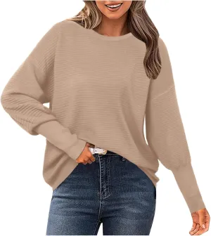 Fall Sweaters for Women Chunky Knit Crewneck Solid Color Long Sleeve Soft Lightweight Casual Sweaters Tops