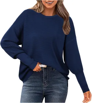 Fall Sweaters for Women Chunky Knit Crewneck Solid Color Long Sleeve Soft Lightweight Casual Sweaters Tops