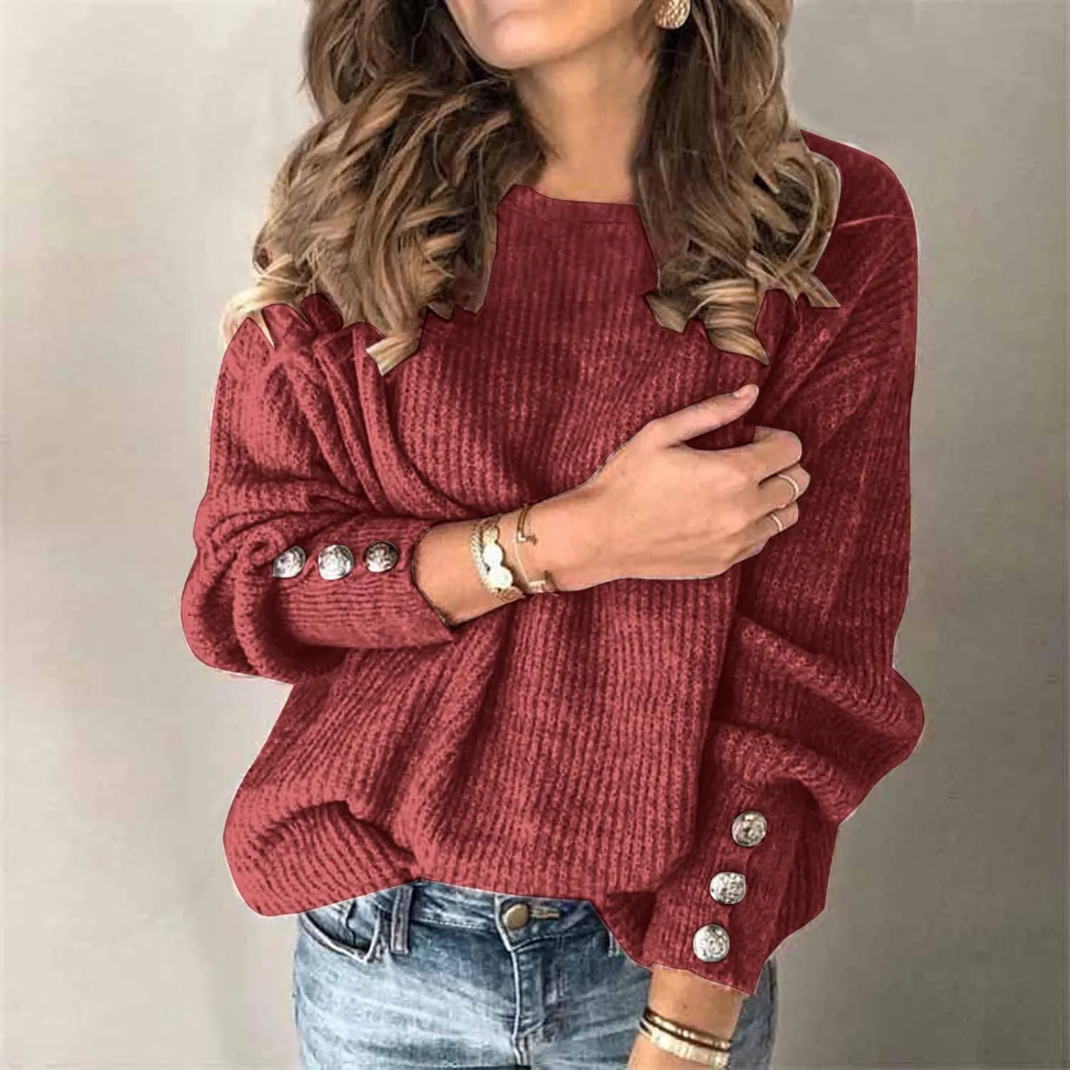 Fall Sweaters for Women Chunky Knit Solid Color Crewneck Long Sleeve Loose Fit Casual Soft Jumper Tops