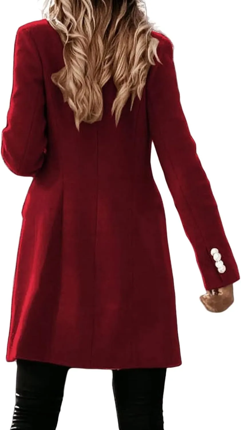 Fall Winter Coats for Women Long Wool Trench Coat Double Breasted Blazer Notch Lapel Jacket Business Casual Peacoat