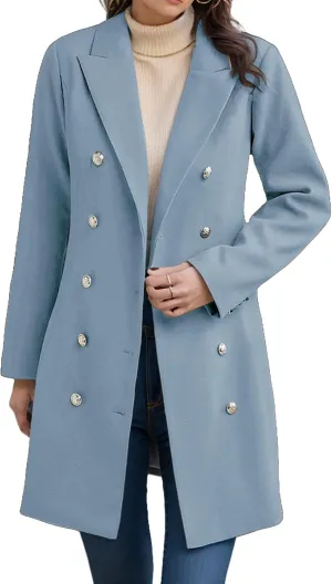 Fall Winter Coats for Women Long Wool Trench Coat Double Breasted Blazer Notch Lapel Jacket Business Casual Peacoat