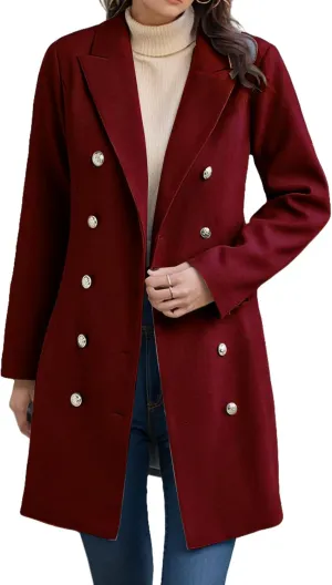 Fall Winter Coats for Women Long Wool Trench Coat Double Breasted Blazer Notch Lapel Jacket Business Casual Peacoat