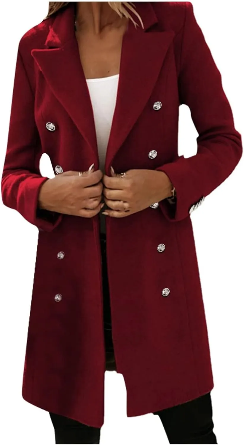 Fall Winter Coats for Women Long Wool Trench Coat Double Breasted Blazer Notch Lapel Jacket Business Casual Peacoat