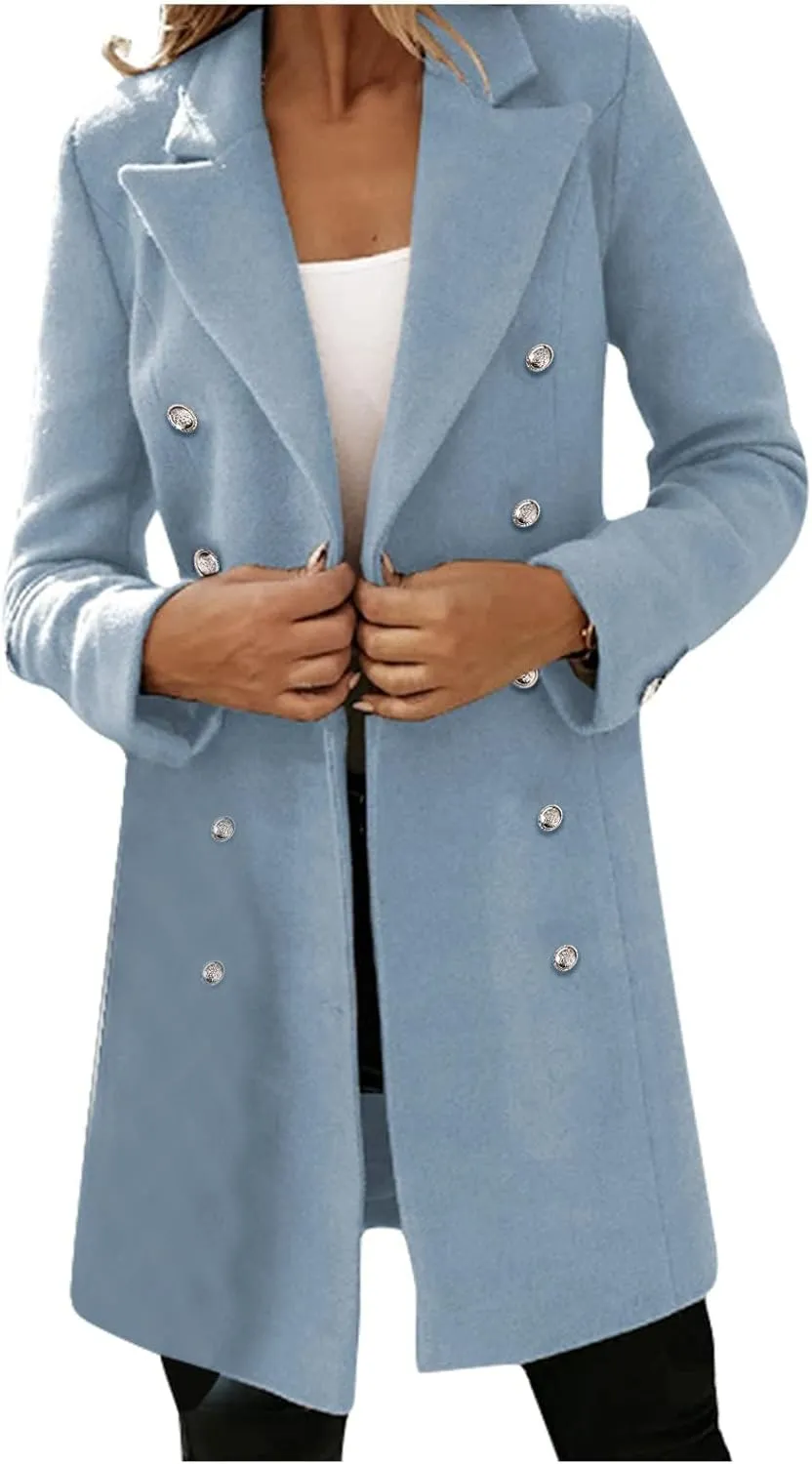 Fall Winter Coats for Women Long Wool Trench Coat Double Breasted Blazer Notch Lapel Jacket Business Casual Peacoat