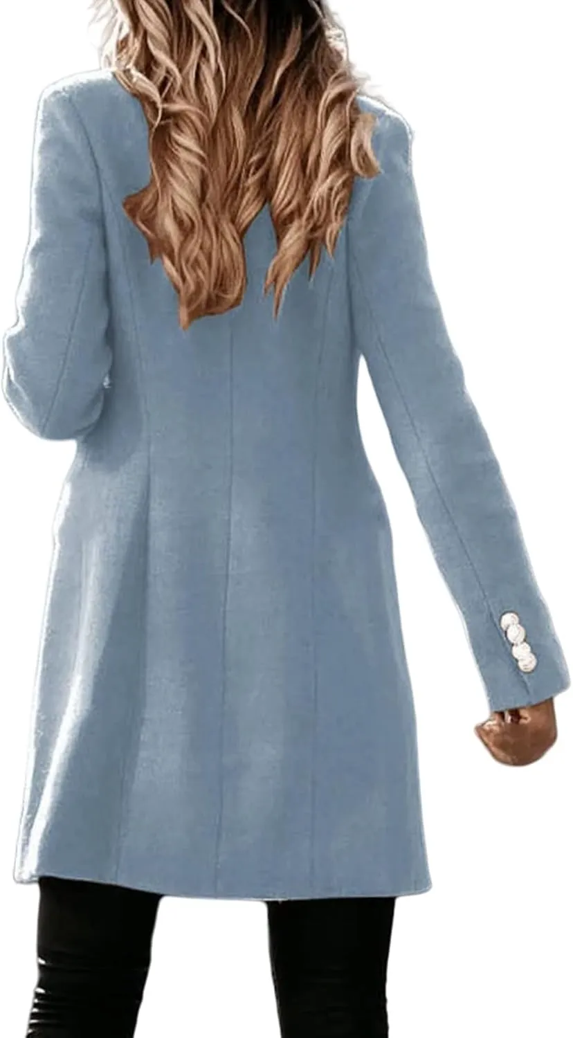 Fall Winter Coats for Women Long Wool Trench Coat Double Breasted Blazer Notch Lapel Jacket Business Casual Peacoat