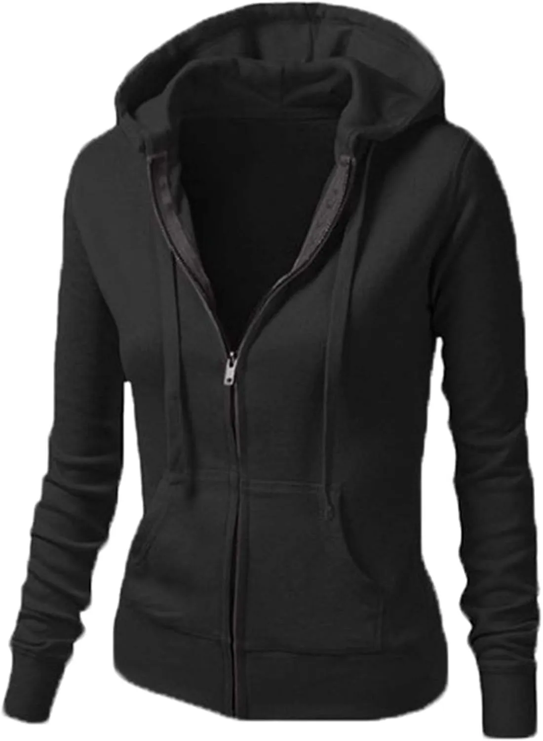 Fashion Women's Full Zip Hoodie Jacket - Slim Fit Lightweight Long Sleeve Hooded Up Sweatshirt Athletic Black