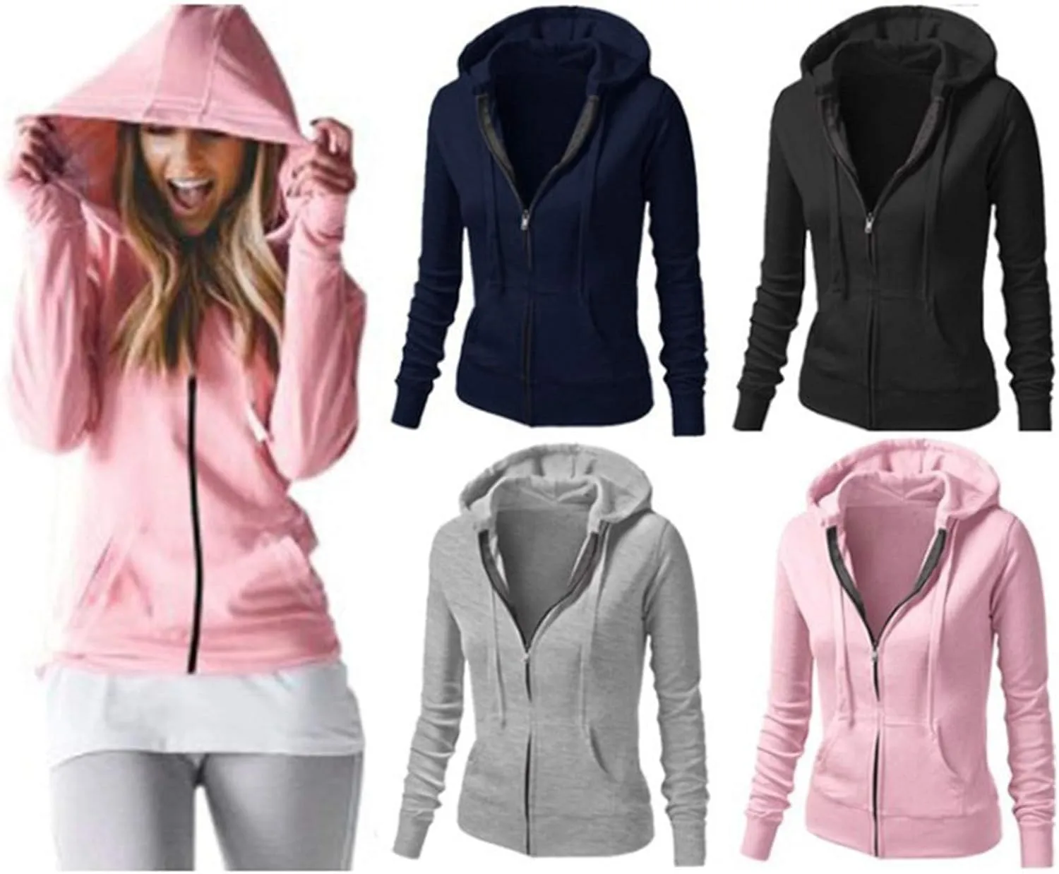 Fashion Women's Full Zip Hoodie Jacket - Slim Fit Lightweight Long Sleeve Hooded Up Sweatshirt Athletic Black