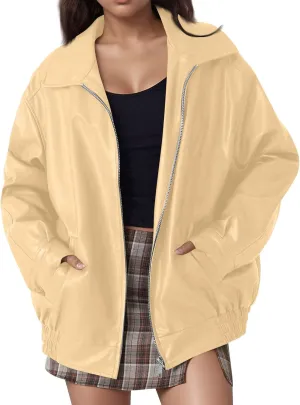 Faux Leather Jacket Women Oversized Trendy Zip Up Motorcycle Jacket Vintage Lapel Bomber Jacket with Pockets
