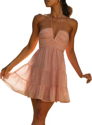 FEORJGP Womens Summer Spaghetti Strap Mini Dress Boho Low Cut Dress Backless Ruffle Short Dress Bohemian Mini Dress Beachwear