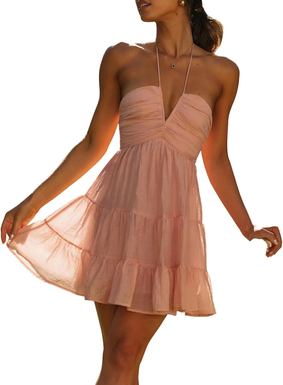 FEORJGP Womens Summer Spaghetti Strap Mini Dress Boho Low Cut Dress Backless Ruffle Short Dress Bohemian Mini Dress Beachwear