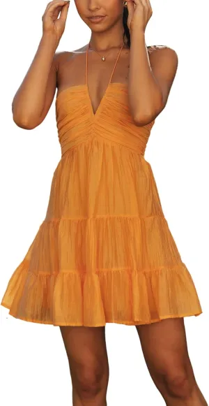 FEORJGP Womens Summer Spaghetti Strap Mini Dress Boho Low Cut Dress Backless Ruffle Short Dress Bohemian Mini Dress Beachwear