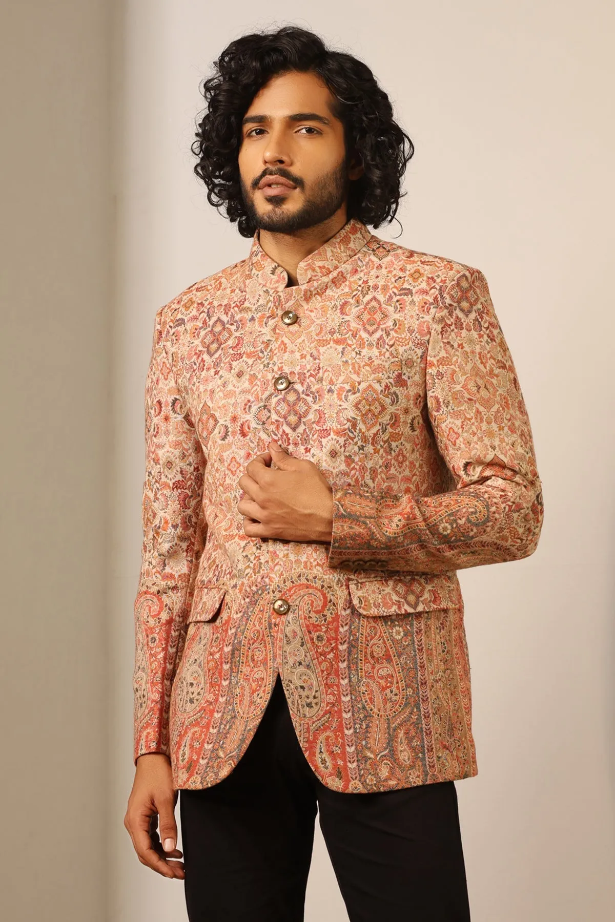 Fine Wool Silk Full Jacket for Men in Beige | Made To Order